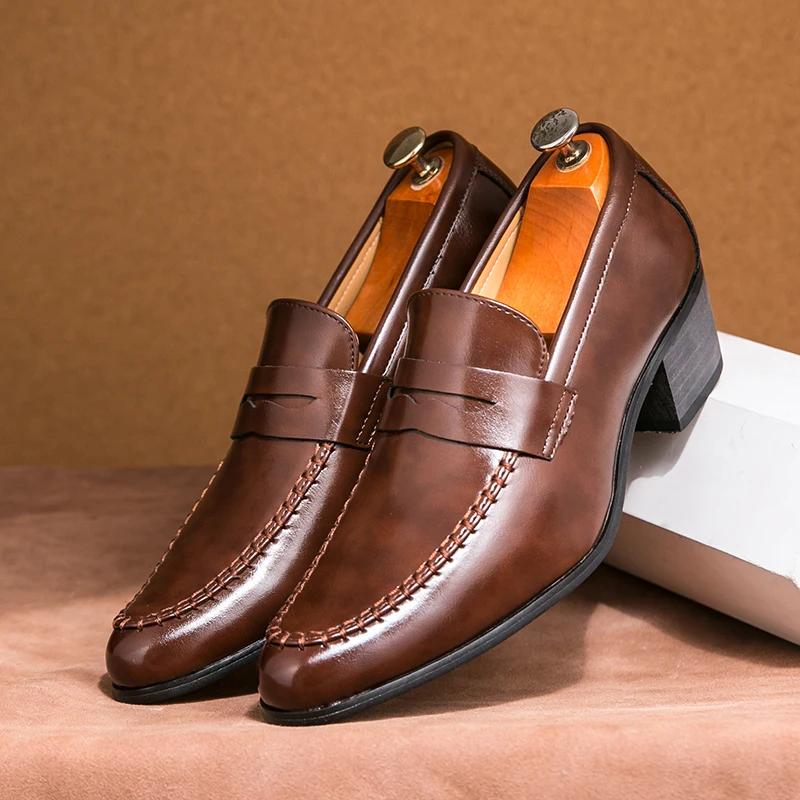 Men's Platform High Heels Brand Loafers High-quality Brown Simple Gentleman Business Leather Shoes Classic Wedding Casual Shoes