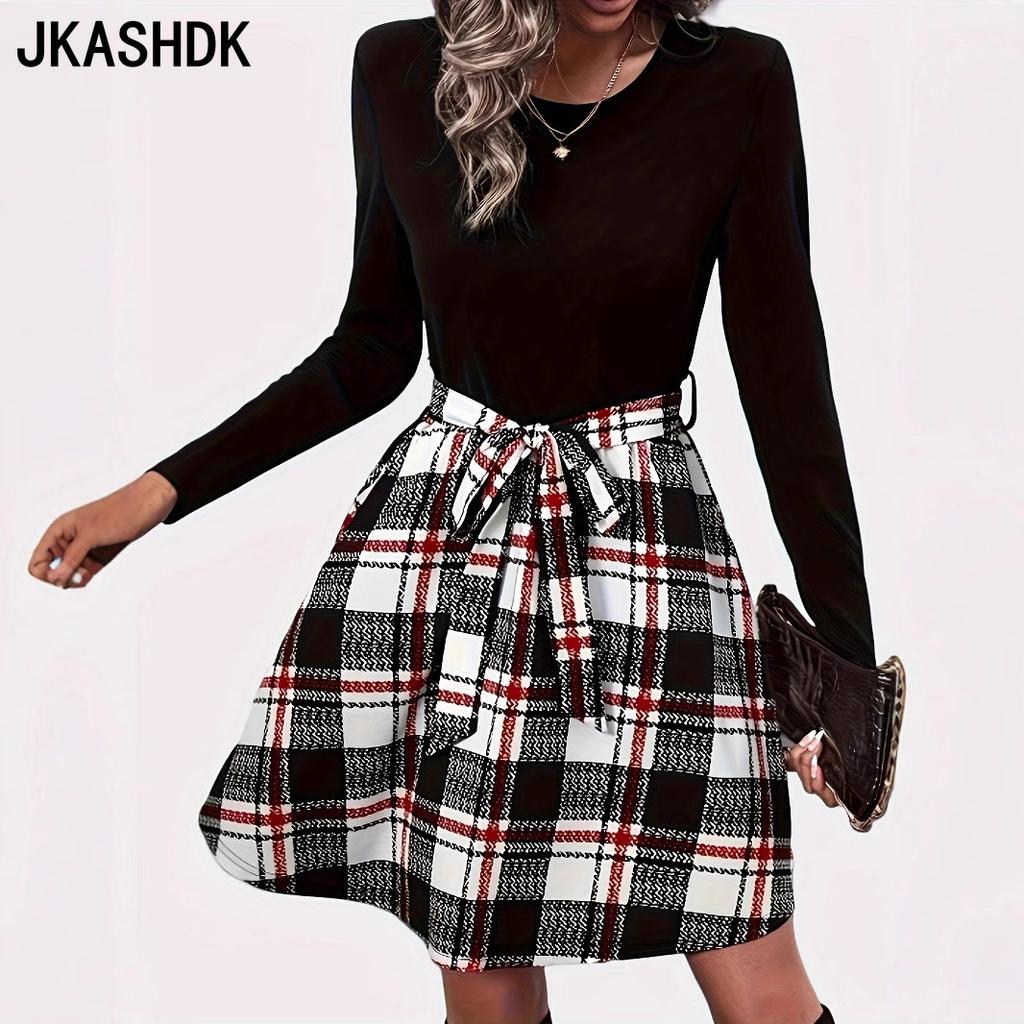 JKASHDK Women's Fashion Spring Fall Plaid Print Long Sleeve O-Neck High Waist Casual Dresses