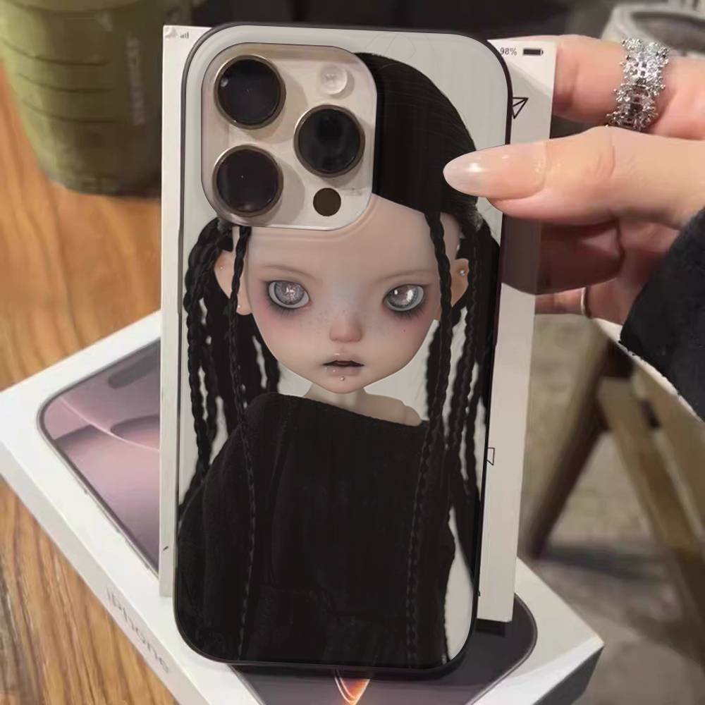 Dark Cute Girl Doll Art For IPhone 16 15 14 13 12 11 17 Pro Max Plus Wave Corrugated Phone Case Anti Drop Cover