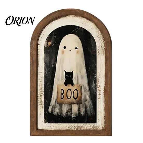Halloween Spooky Decorative Sign Ghost Wall Decor, Cute Table Sign, Vintage Arch Framed Fall Season Accent Picture, Art for Mantel Living Room Bedroom