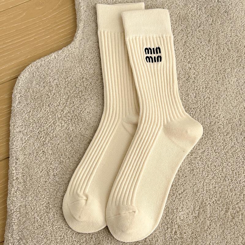 Women's Off-White Slouchy Mid-Calf Socks - Autumn/Winter Gray with Embroidered Personality, Sweat-Absorbent Cotton, Miu Style.