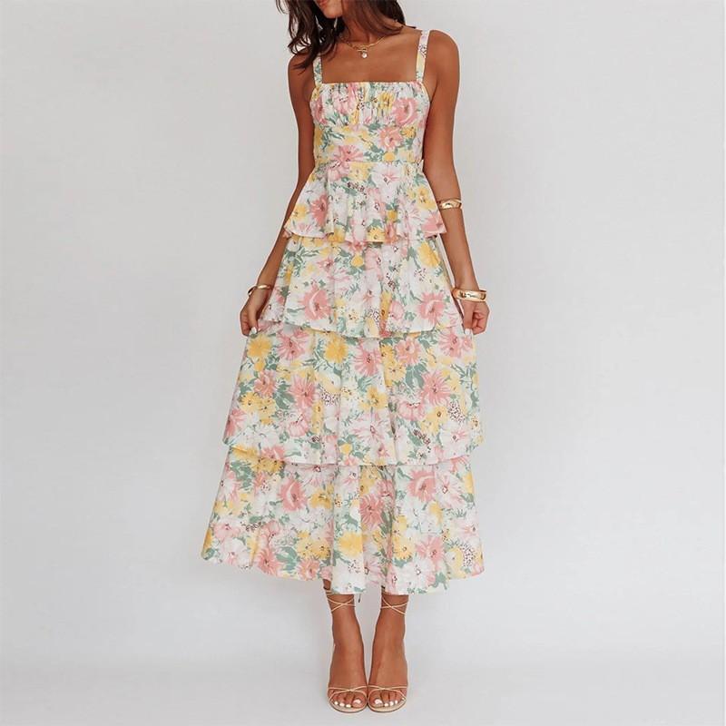 2026 Womens Floral Print Sleeveless High-Waist Tiered Midi Dress Vacation Casual Elegant Outfit