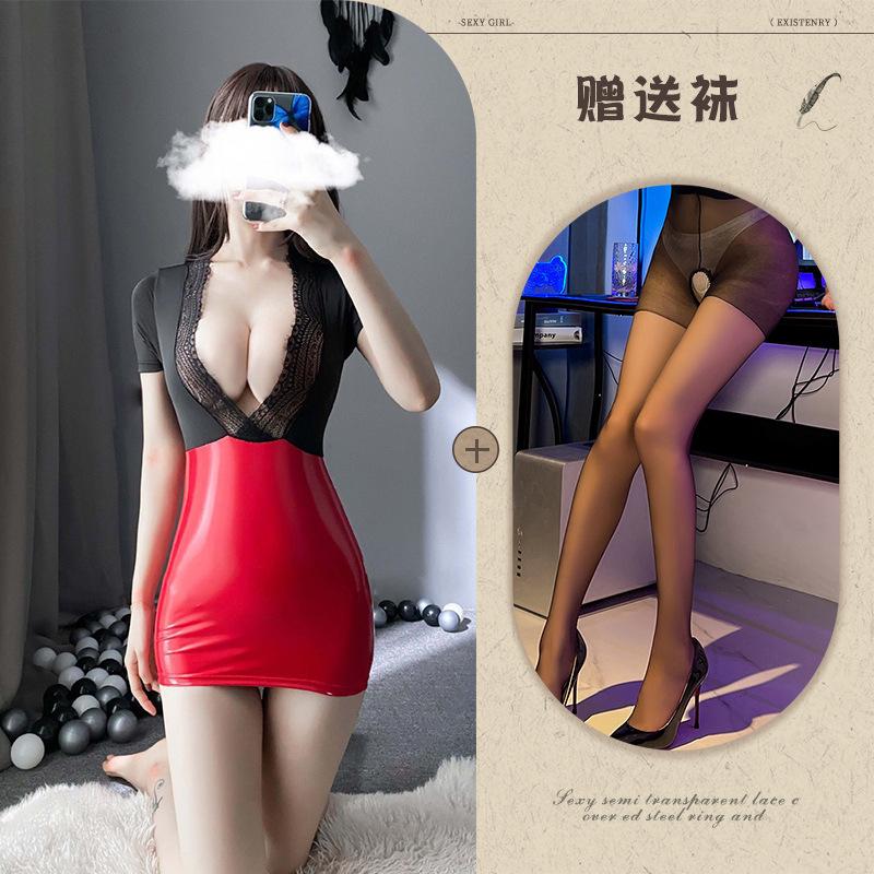 New Sexy Underwear Sexy Women OL Office Temptation Burst Tits Hip-wrapped Secretary Patent Leather