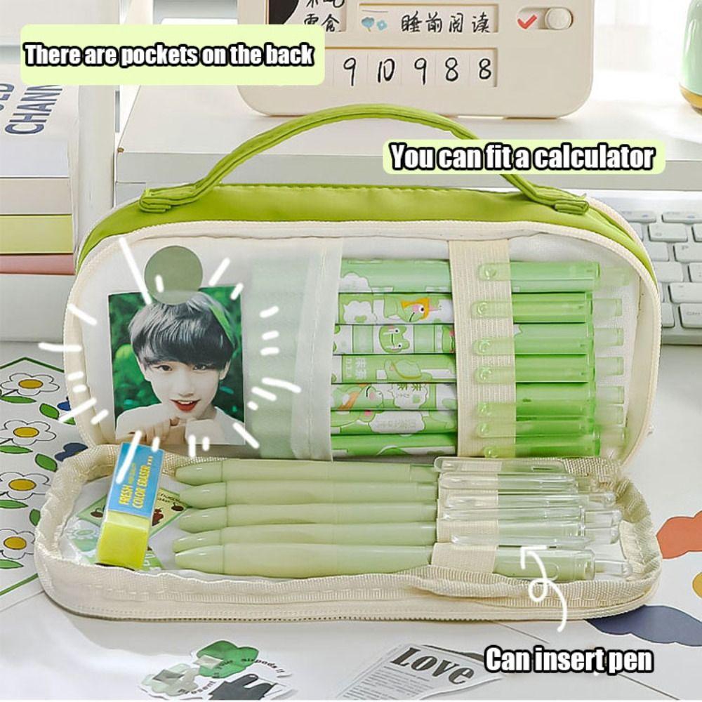 

Cartoon Large Capacity Pencil Bag Large Capacity Canvas Pencil Bag Green Stationery Bag Children