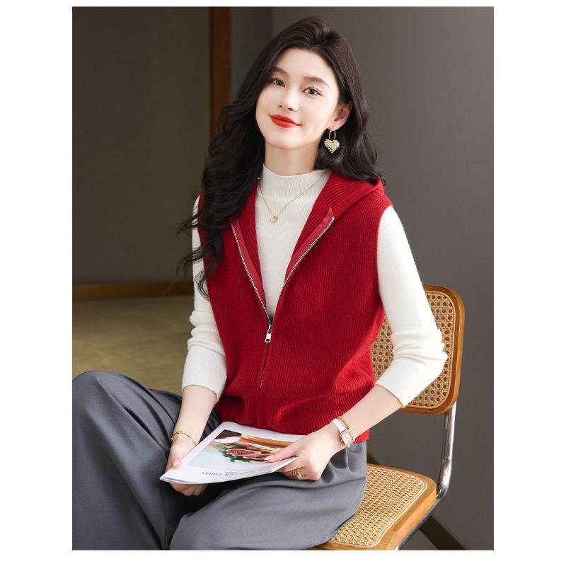 

Красный жилет с капюшоном для женщин 2025 Новый Весенне-осенний модный свободный вязаный топ-жилет S красный
