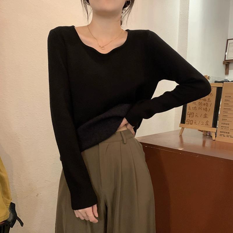 

Fleece and thickened integrated fleece warm sweater women s soft waxy knitted top autumn and winter collar front shoulder inner bottoming shirt XL чёрный