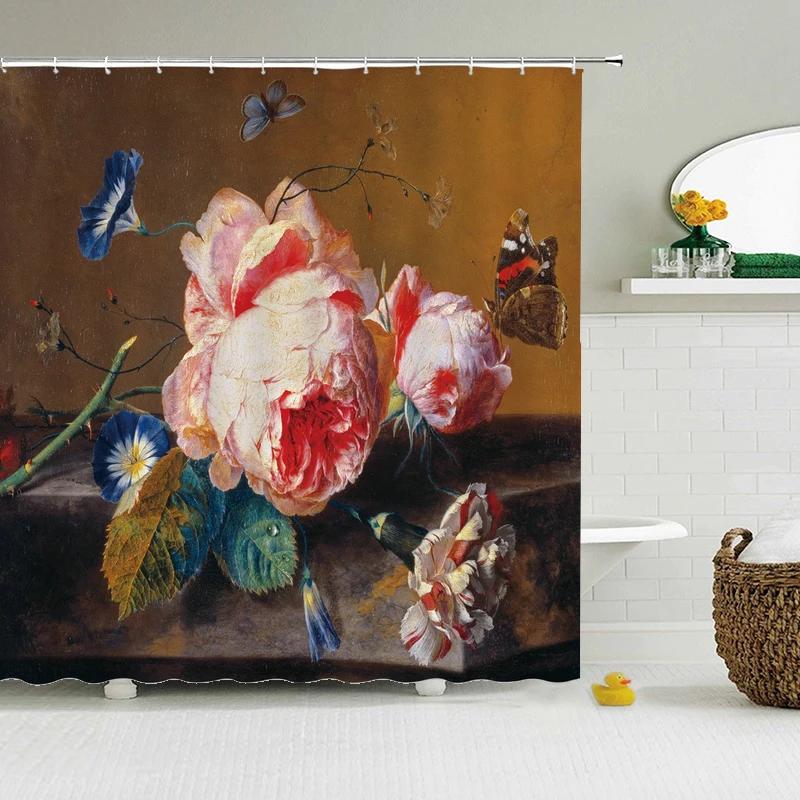 Retro European Shower Curtain ,Flowers Printed Bath Curtain Polyester Fabric Western Style Home Bath Decor Curtains With Hooks