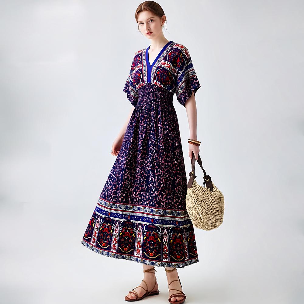 Bohemian-Style Cotton-Silk V-Neck Batwing Print Dress Summer Casual Vacation Beach Dress