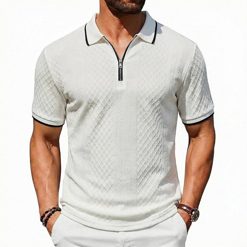 Men Half Zip Textured Polo Shirt Striped Trim Collar Short Sleeve Casual Top S