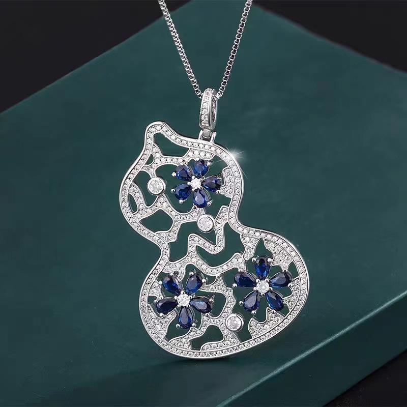 Wind Tiktok The Same Retro Colored Treasure Two-Color Stone Diamond Gourd Pendant Necklace Temperament