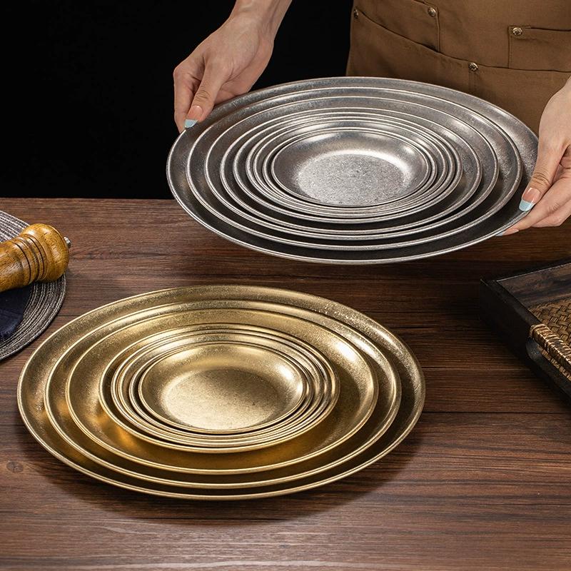Vintage Korean Style Round Stainless Steel Plates Multi-Purpose Serving Trays Bone Dishes for Dessert Cake Coffee Tableware