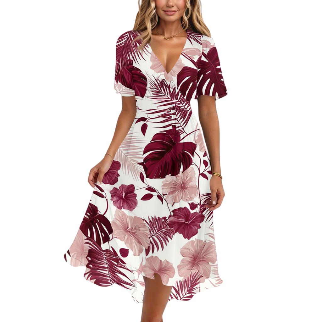 Women's Fashion Casual V Neck Short Sleeve Ruffled Vintage Printed Dresses