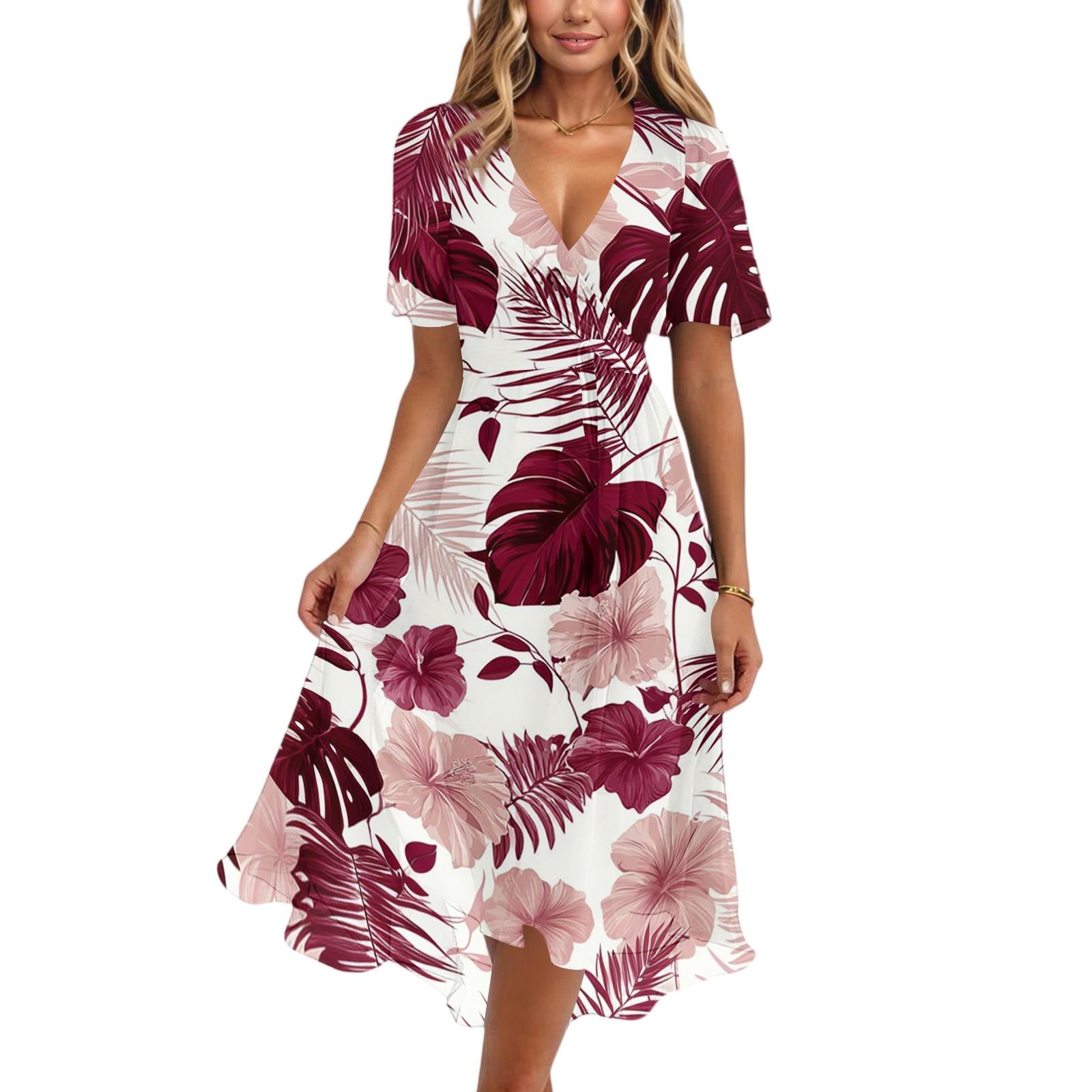 

Women Casual V Neck Short Sleeve Floral Print Dress Vintage Style Midi Length Summer Dress with Wrap Design and Flared Skirt XXL