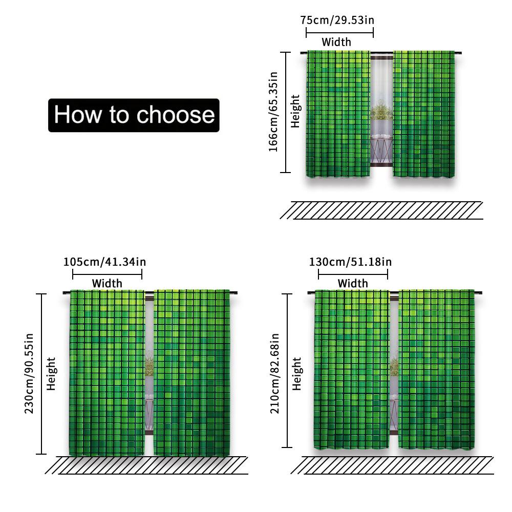 2Pcs Green Curtain Abstract Vibrant Square Pixel Mosaic Design Geometric Technology Grid Suitable For Bedroom Bathroom Living