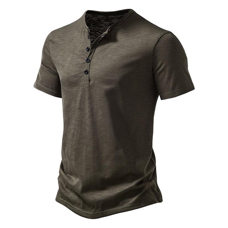 Mens Casual Solid Color Henley Collar Short Sleeve T Shirt