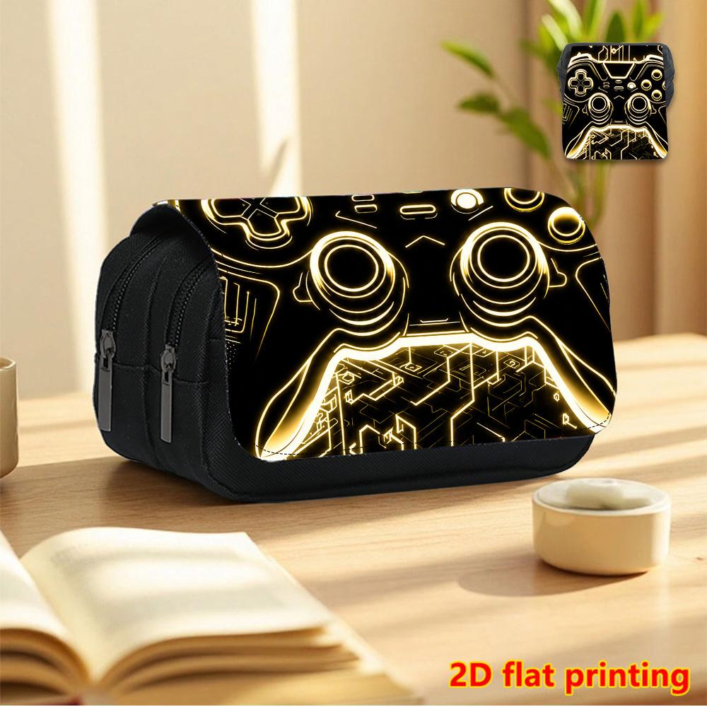 Black Golden Handle 2D Printed Double-Layer Flip-Top Black Pencil Case - Back-to-School Essential Pencil Box, Daily Multi-Functional Makeup Bag, Large