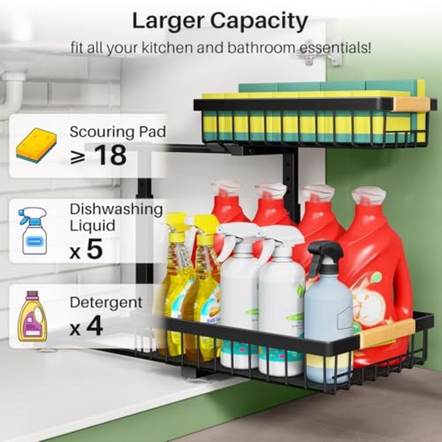 Under Sink Organizer 2 Tier Under the Sink Storage Slide Out Pull Out Cabinet Organizer Shelf Metal Sliding Drawer for Kitchen