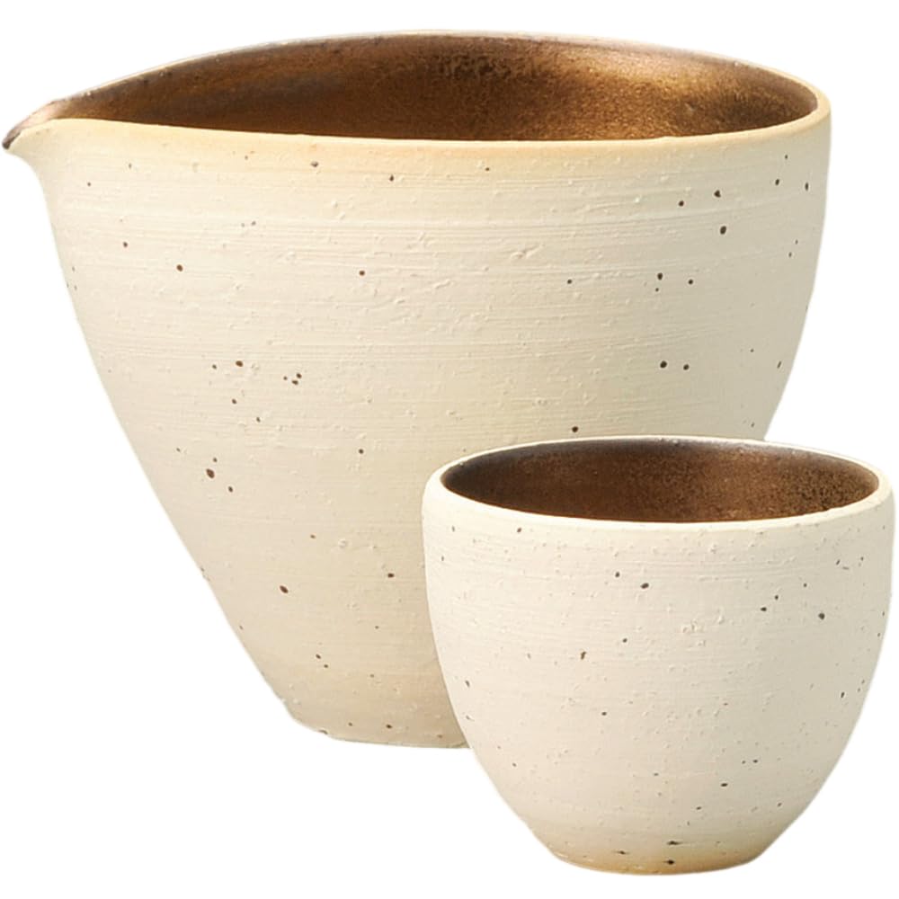 Sake Tokkuri and Ochoko Bottle and X X 9cm Yakishime Mino for Cold Sake Ale-net Set, (Sake Cup) Set, 10.6 9.6 (H), 240ml, Gold-Decorated Pourer, Ware,