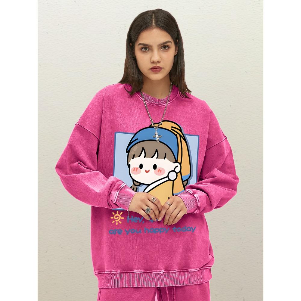 Cute Pearl Earrings Girl Design Female Washed Sweatshirts Cotton Autumn Pullovers Loose Sportswear Couple Streetwer