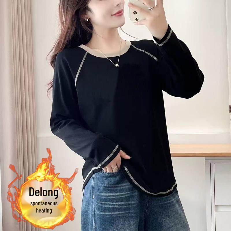 

2024 Двусторонняя женская шикарная футболка с длинным рукавом из немецкого вельвета - Универсальный осенне-зимний многослойный топ XXL: 67.5-72.5 kg