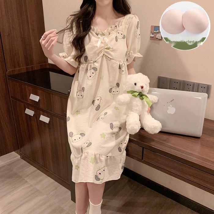 2024 Sommer-Kurzarm-Nachthemd mit Brustpolster – Niedlicher Wolken-Baumwoll-Cartoon-Prinzessinnen-Stil