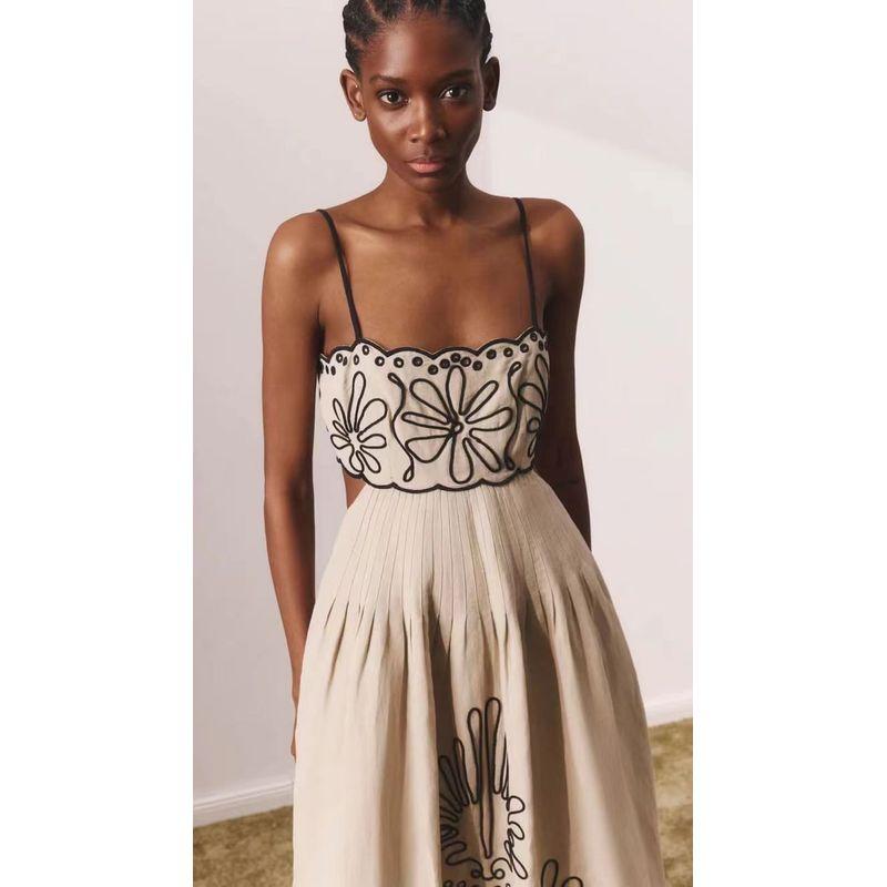 

European and American New Print Sexy Backless Sling Dress Sexy Backless Suspender Dress Beige White XL