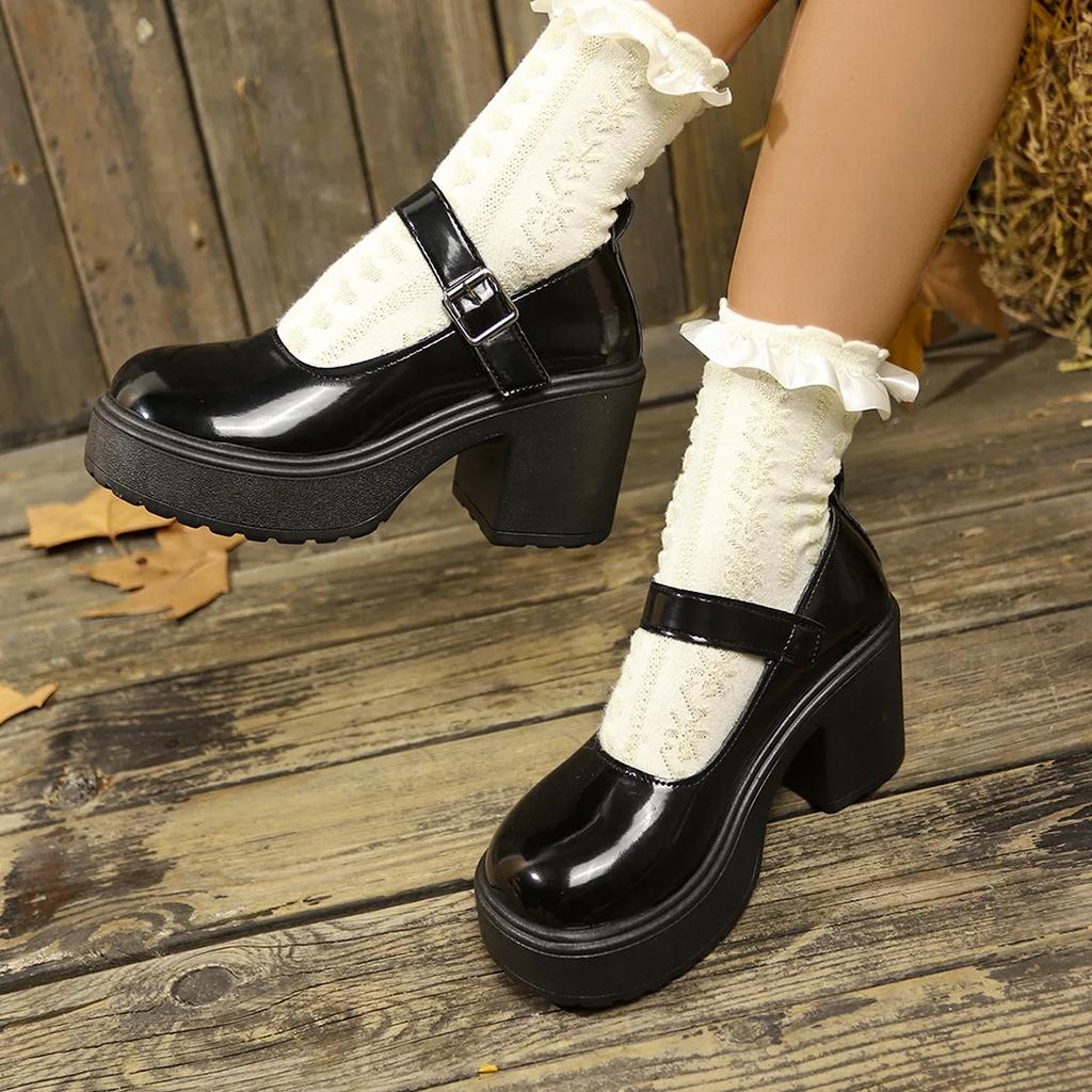 Fashion Size 43 Chunky Platform High Heels Pumps Women Autumn Pu Leather Ankle Buckle Mary Jane Shoes Woman Thick Heeled Lolita Shoes