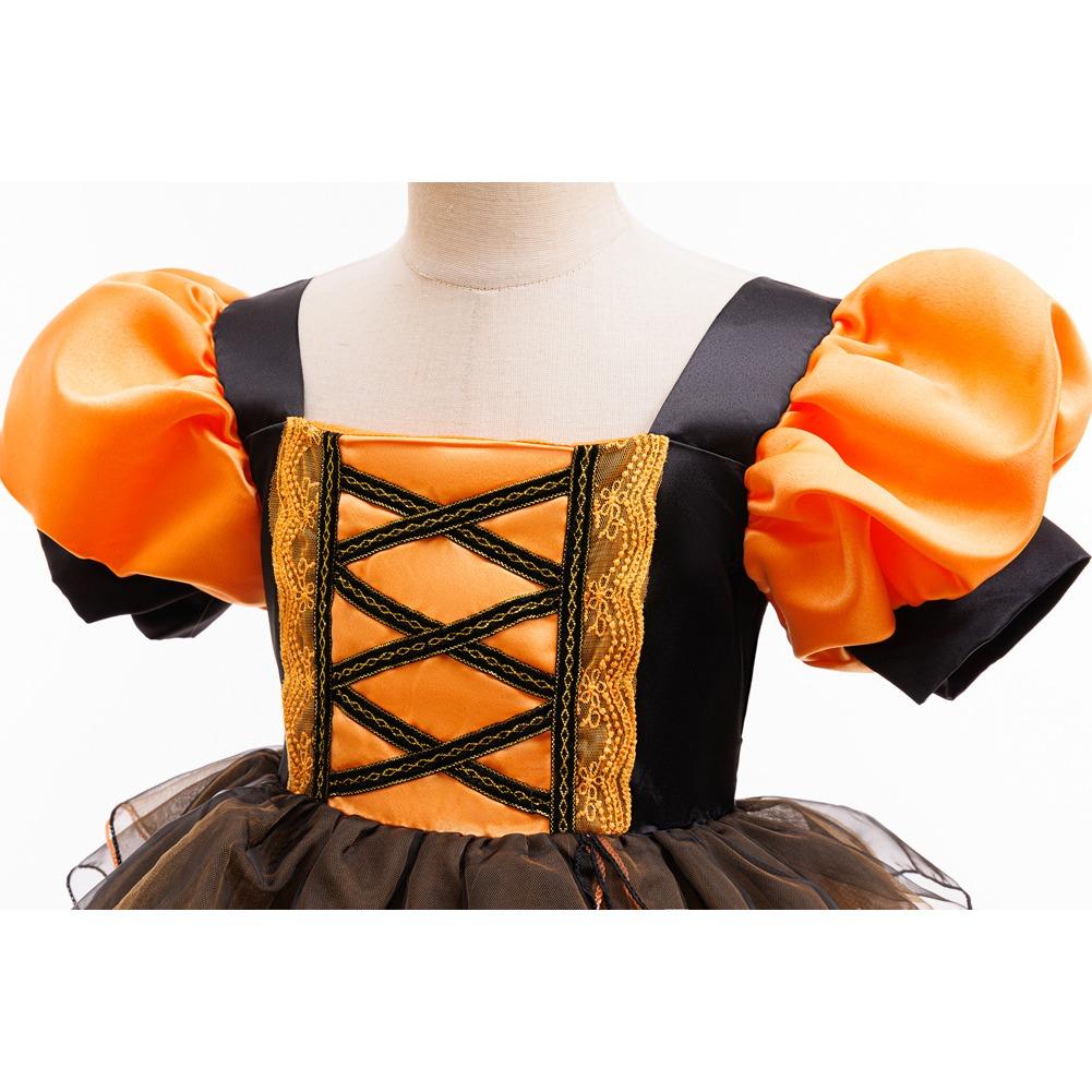 Girls Princess Dress Halloween Costume Cosplay Witch Dress Bubble Sleeve Pumpkin Mesh Tutu Children Princess Dress Mesh Skirt