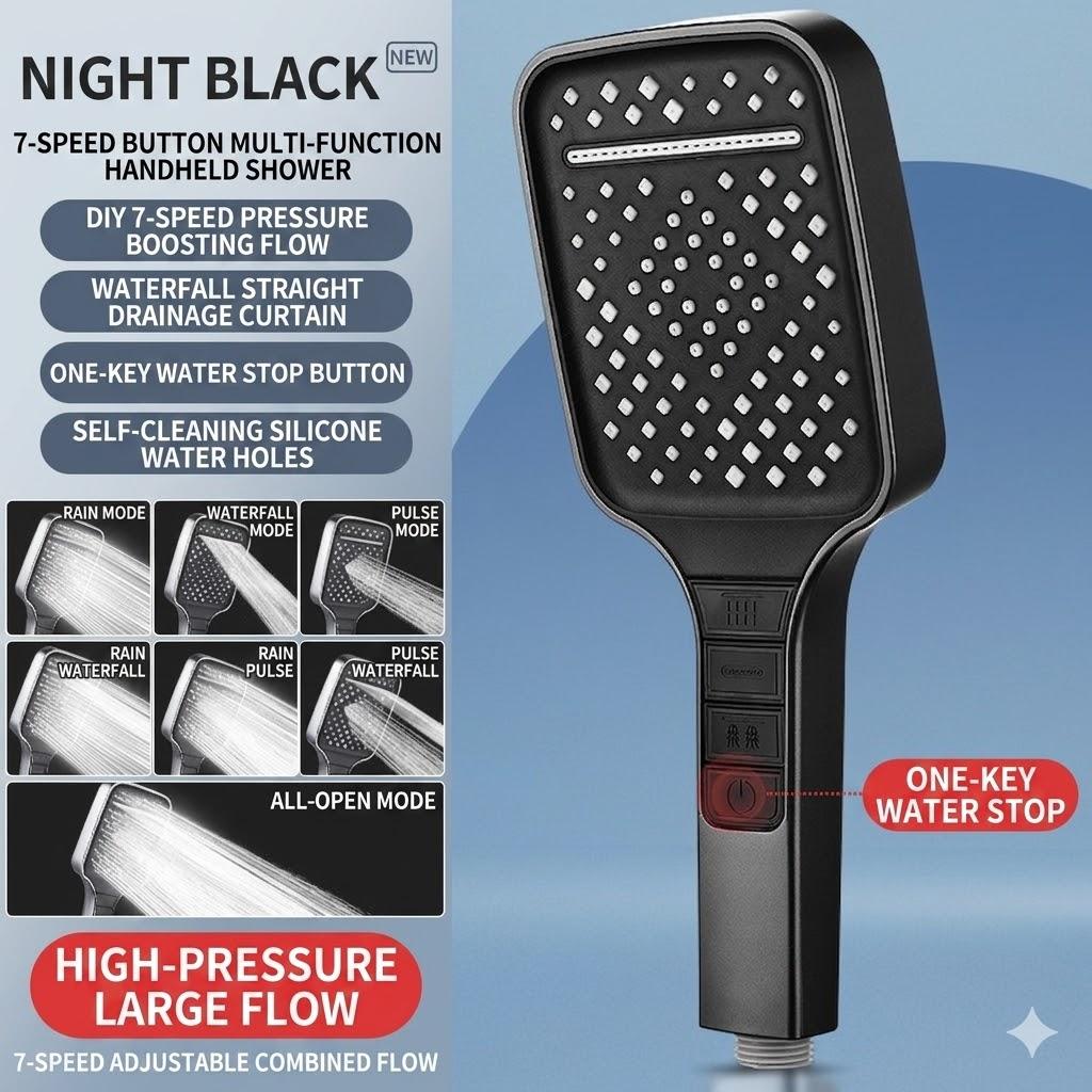 High-Pressure ABS Plastic Shower Head 7 Modes Adjustable Flow Water Saving Stop Button One-Hand Operation Silicone Nozzle (as the picture,ABS Plastic)