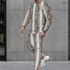 Men Plus Size Bamboo Stripe Printed Round Neck Long Sleeve Top And Cuffed Pants Two Piece Set