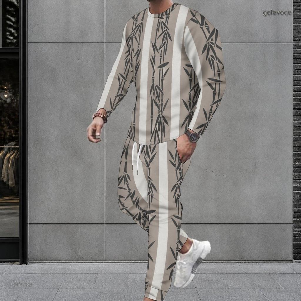 Men Plus Size Bamboo Stripe Printed Round Neck Long Sleeve Top And Cuffed Pants Two Piece Set