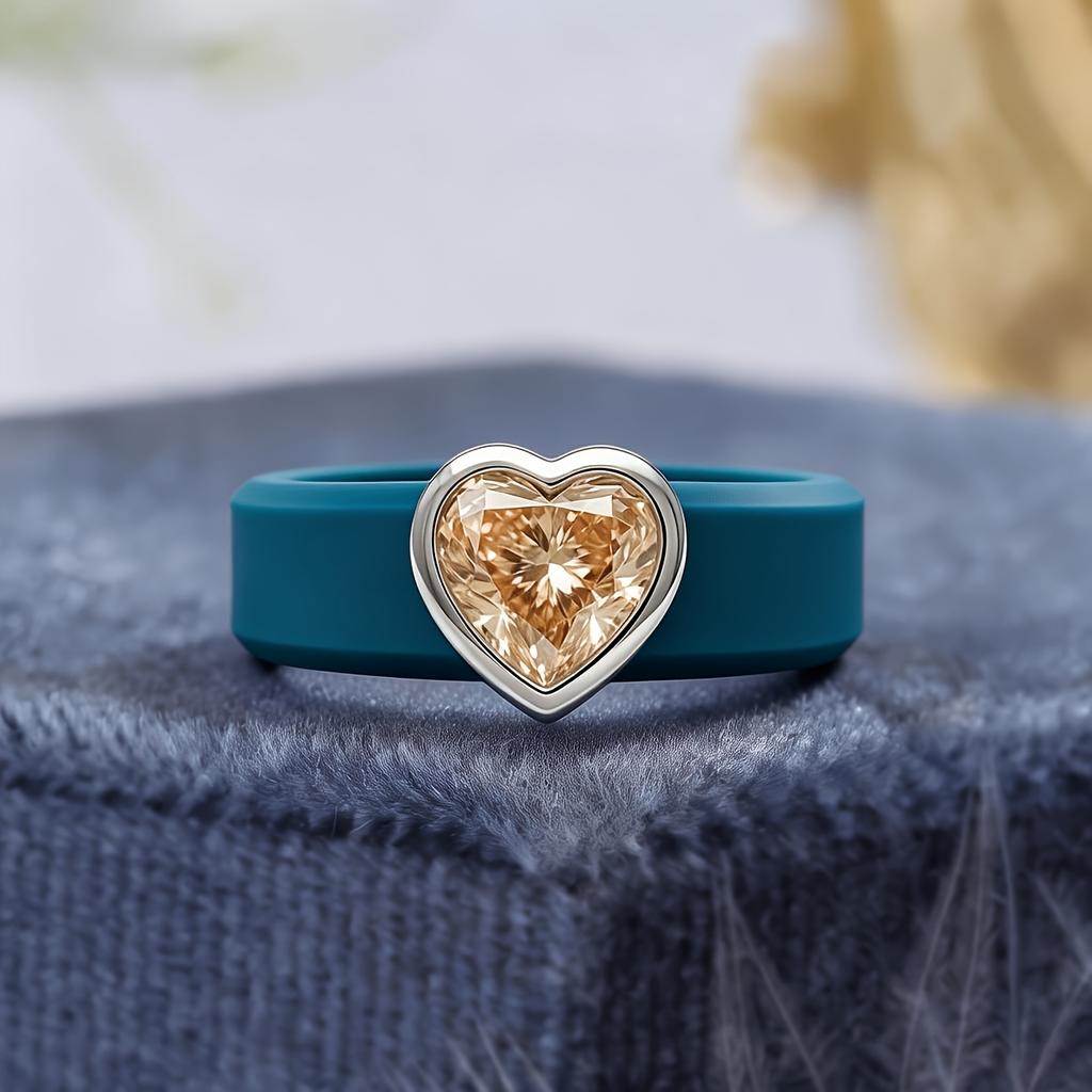 Damen Silikonring in Petrol mit Herzschliff Champagner Zirkonia, Hypoallergen Bequemer Ring für den täglichen Gebrauch, Sport, Arbeit