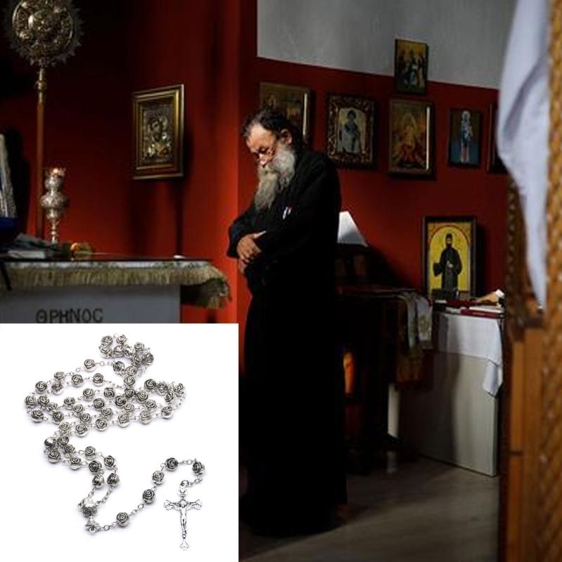 Catholic Rose Rosary Necklace Cross Pendant Beaded Necklaces Religious Jewelry
