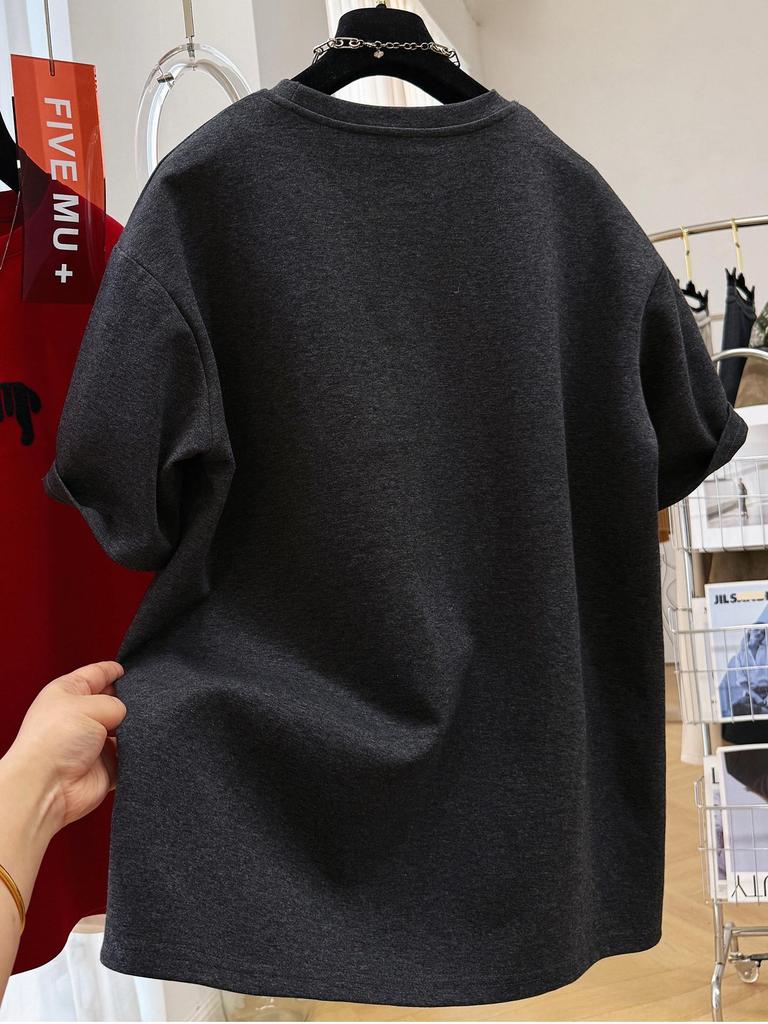 DeRong Übergrößen Beflocktes Gebürstetes Kurzarm-T-Shirt: Koreanischer Frühling 2026 Stil für Damen