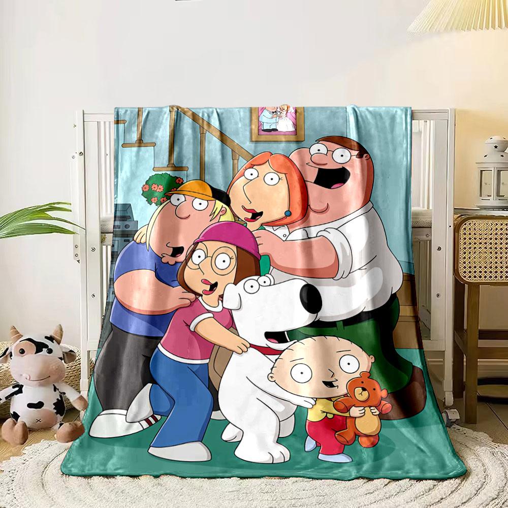 

A cartoon family group with exaggerated facial expressions hugging a dog. for all seasons blanket lunch break throw gift 80cm x 120cm