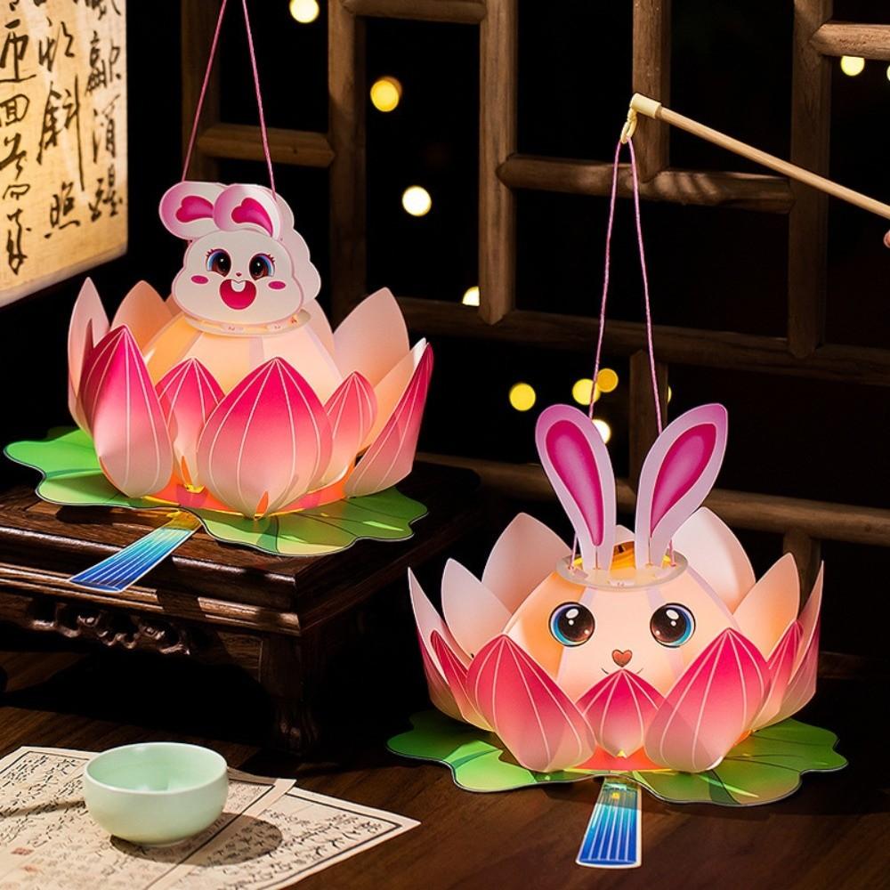 DIY Material Kit Luminous Lotus Lantern Portable Handmade Rabbit Lamp Cartoon Vintage Mid-Autumn Lantern Family Activity