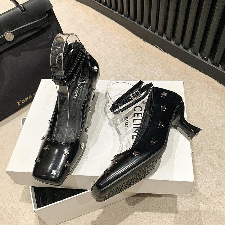 

Fashion French Style Metallic Square Head Sexy Small Leather Shoes With Flat Heel And Single Button Buckle Elegant Thick High Heel Shoes 37