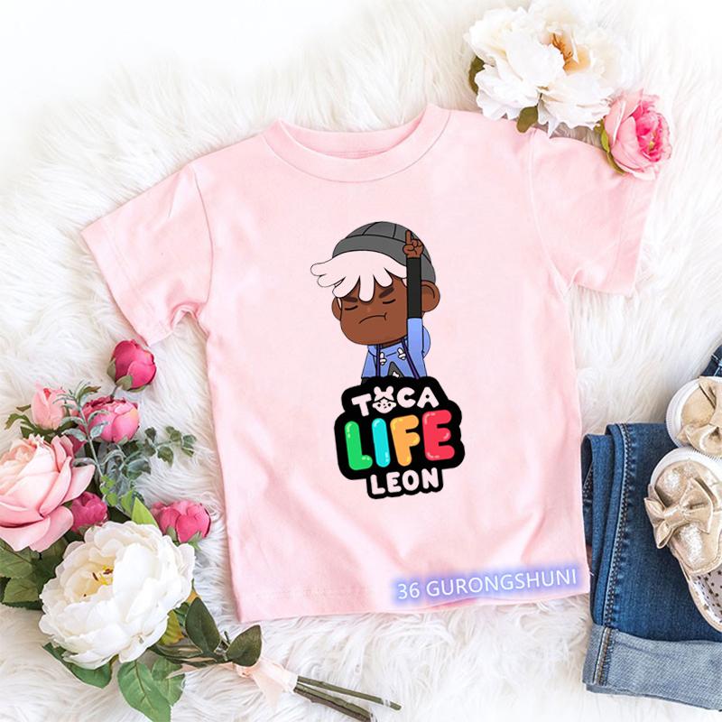 Magliette Kawaii per Bambini Divertenti Stampa Cartone Animato Mondo Toca Videogioco Maglietta per Bambini Piccoli Moda Estiva Magliette per Bambine Top Rosa