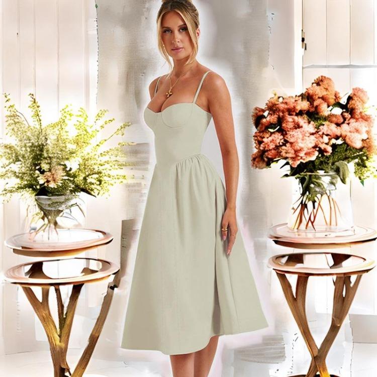 Women Print Dress High Waist Knee-Length Fashion Design Sense V-neck Backless Spaghetti Strap