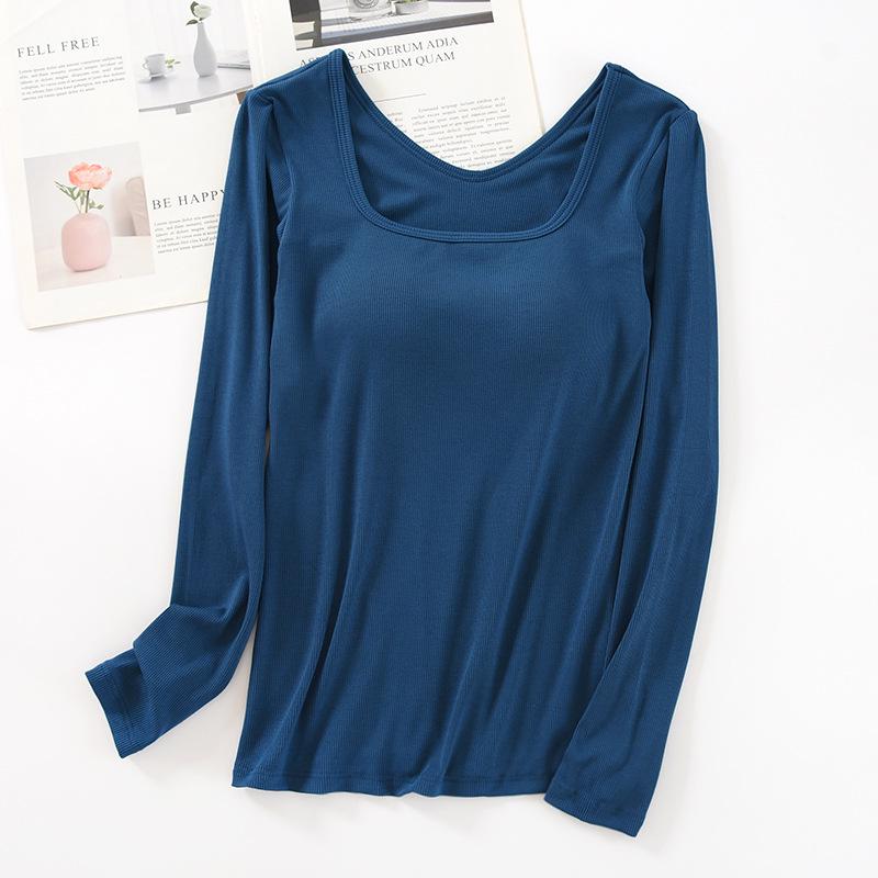 Women's Square Neck Long Sleeve Top with Built-in Bra Pads - Slim Fit for Early Autumn/Spring/Winter