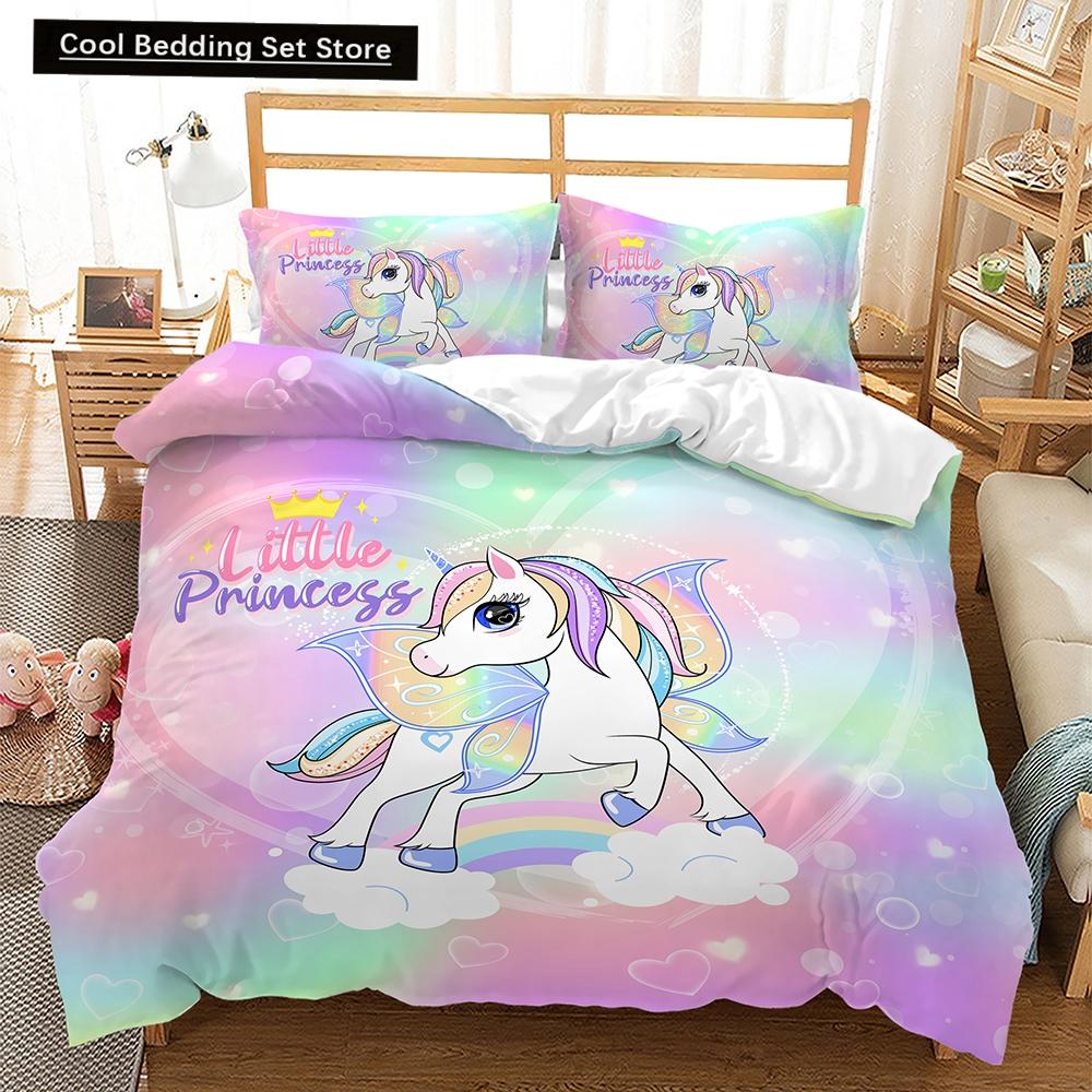 Sada ložního prádla s duhovým jednorožcem Kawaii Kreslené zvířecí ložní prádlo pro děti Dívky 2/3ks Velikost Twin Single Double Queen Sady povlaků na přikrývku