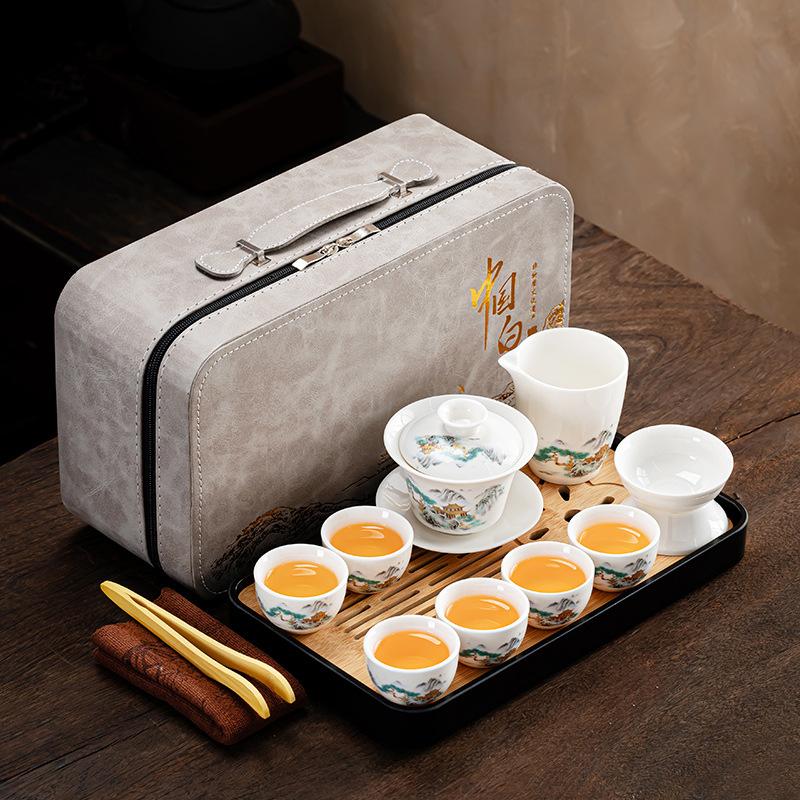 New Chinese Style Guochao Dehua White Porcelain Rime Pavilion Teapot Retro Guest Reception High-end Suit Business Simple Leather Bag