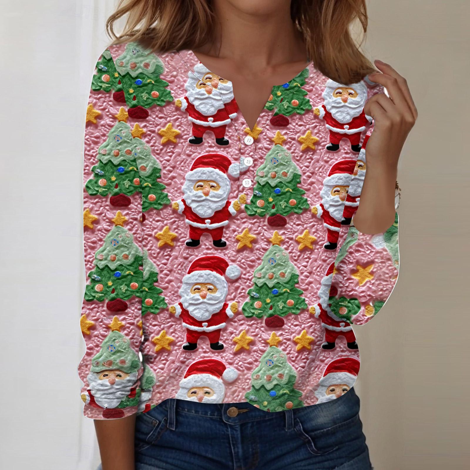 

Женская модная повседневная блузка с V-образным вырезом, длинным рукавом и декоративными пуговицами, с рождественским принтом XXL розовый
