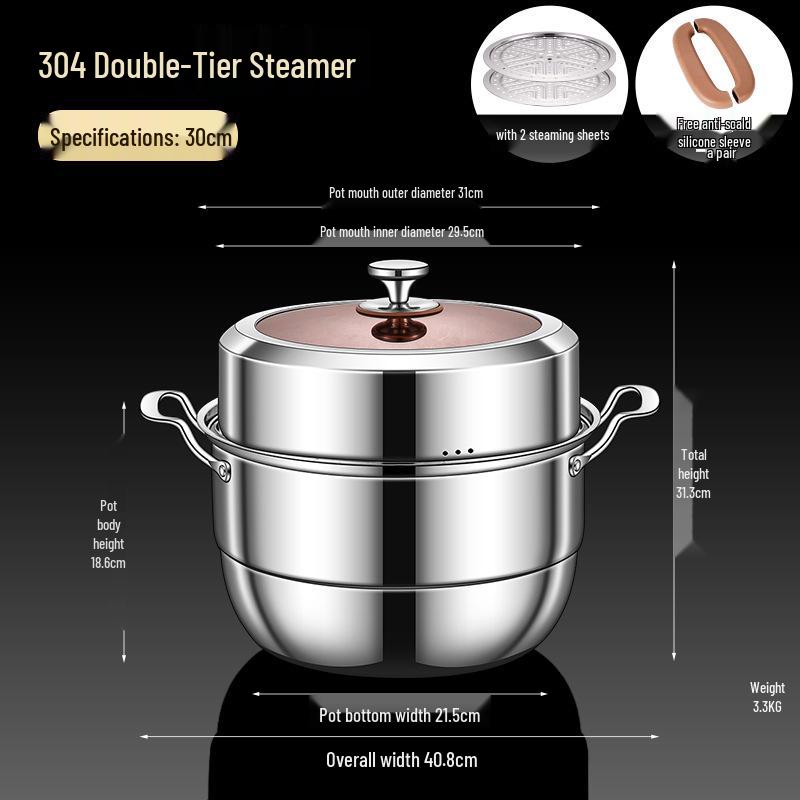 Three-Layer 304 Steel Steamer Pot with Large Capacity for Multi-Functional Cooking