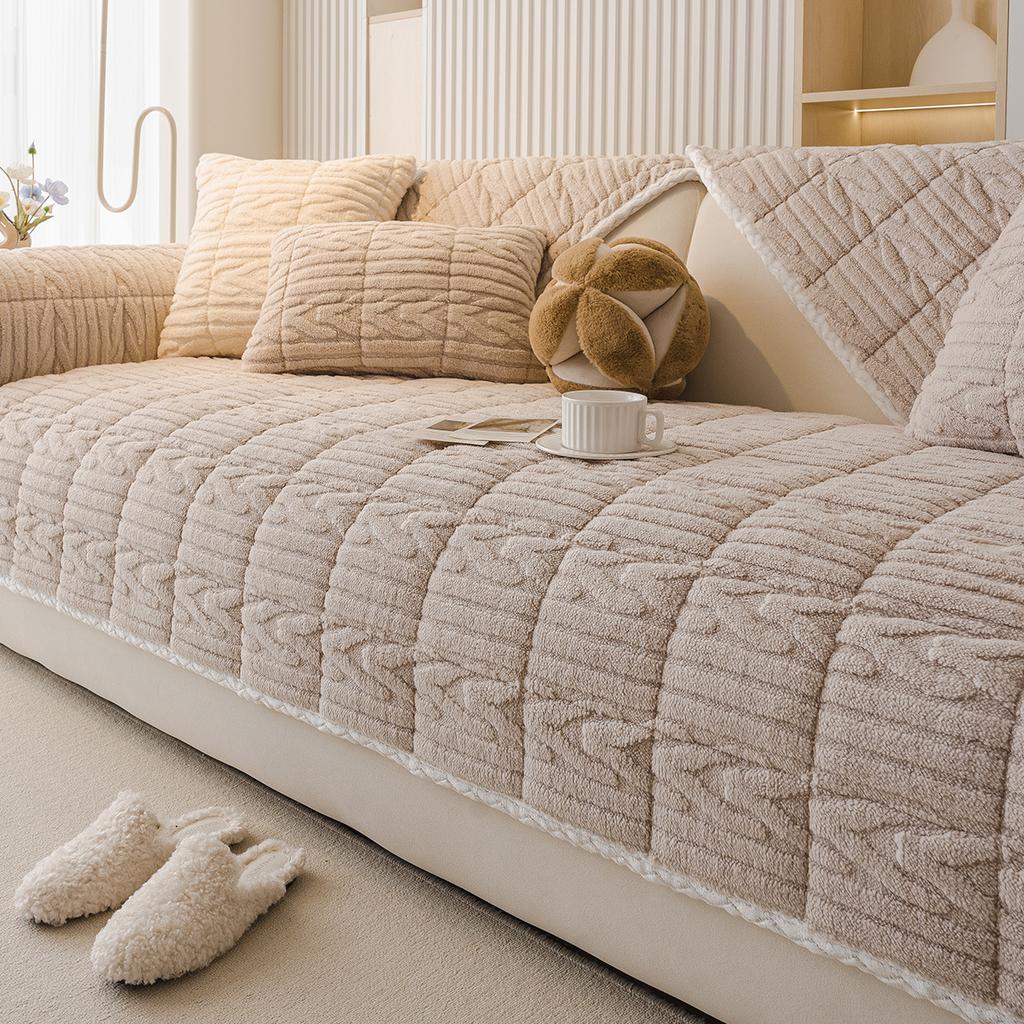 Shu Cotton Jacquard Fleece Sofa Cushion  New Straight Row Plush Seat Cushion Non-Slip Leather Sofa Cover Cross-Border