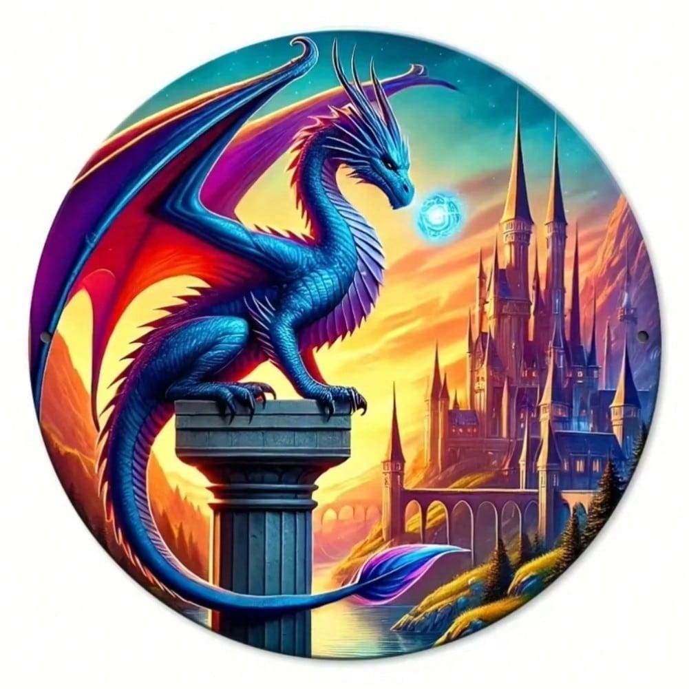 Vintage Castle Guardian Dragon Metal Sign, Fantasy Home Wall Decor