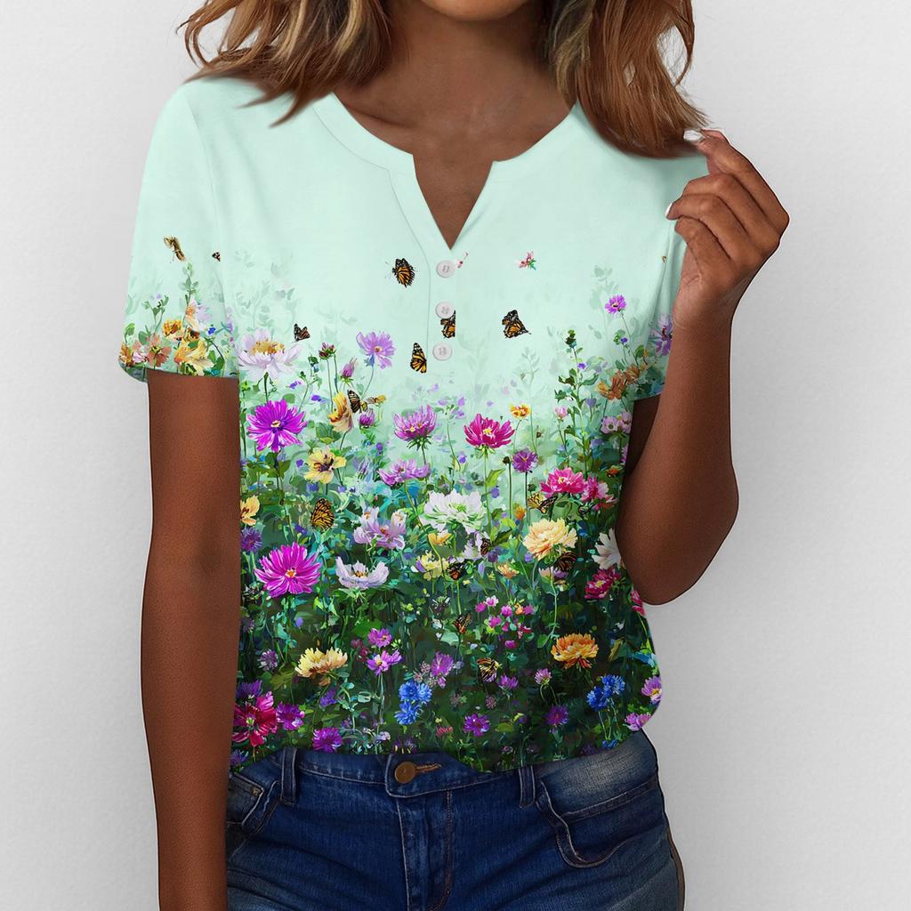 Sommartoppar för kvinnor Knäppbara blusar för kvinnor Snygga vardagliga V-ringade T-shirts