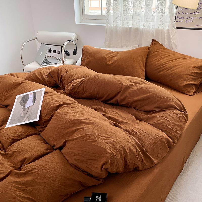Bed Sheet Quilt Cover Nude Sleeping Pure Cotton Four-piece Set Washed Cotton Soft Bed Sheet Quilt Cover Solid Color Bedding