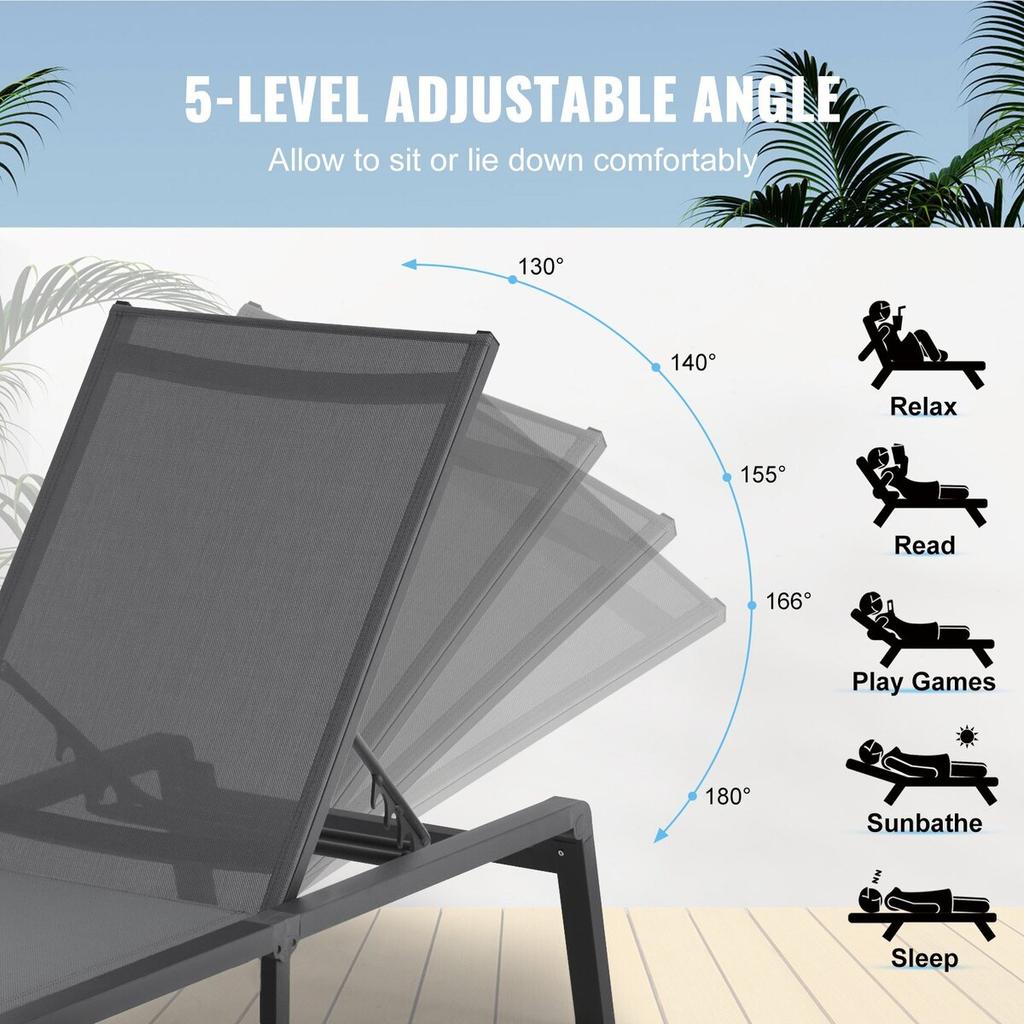 Chaise Lounge Chair Outdoor Patio Lounge Chair Adjustable 5-Position 2 pcs