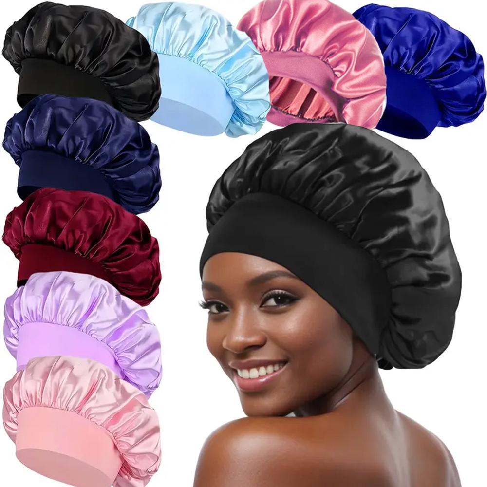 8pcs Silky Satin Bonnet Reusable Elastic Wide Band Shower Cap Sleep Cap Hair Protection Cap For Women Curly Hair Natural Hair